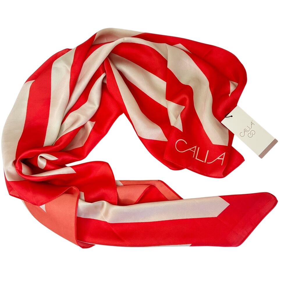 CALIA Red/Khaki Wide Stripe 100% Polyester Square Scarf NWT